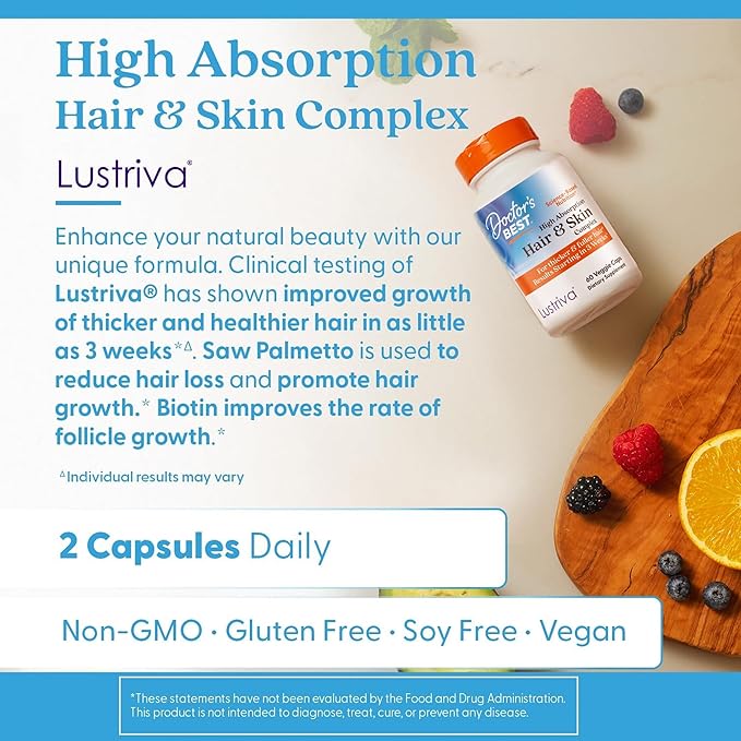 High Absorption Hair &amp Skin Complex Clinically Shown to Grow Thicker Healthier Hair in 3 Weeks Supports Hair Growth &amp Skin Health Non-GMO Gluten Free Soy Free Vegan 60 Veggie Capsules