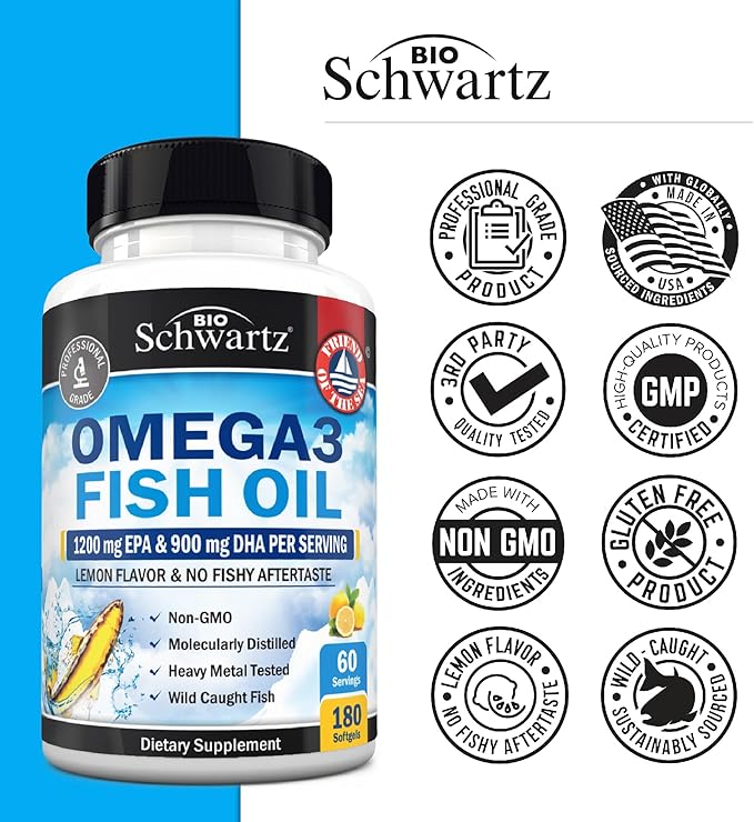 Triple Strength Omega 3 Fish Oil 3000mg - High Potency Omega 3 Supplement for Women and Men Burpless Lemon Flavor Fish Oil - 2250mg Essential Fatty Acids with DHA &amp EPA Wild Caught 180 Softgels