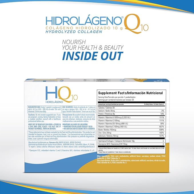 Hidrolageno Q10 Hydrolyzed Collagen Vitamins ZINC Antioxidants 30 sachets per pack 4.2 Ounce Pack of 1