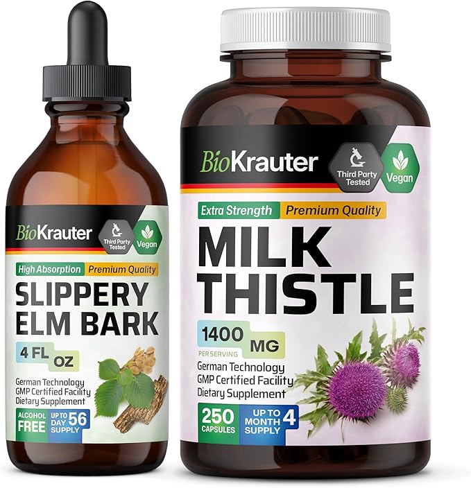 BIO KRAUTER Slippery Elm Tincture 4 Fl. Oz. &amp Milk Thistle 250 Capsules.