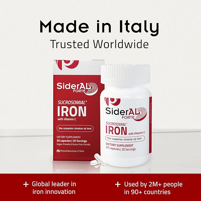 SiderAL Forte Iron Supplement Clinically Proven to Increase Levels Without Side Effects | Sucrosomial High Absorption Gentle Iron Pills for Women and Men | Vitamin C | Anemia &amp Energy Support | 30