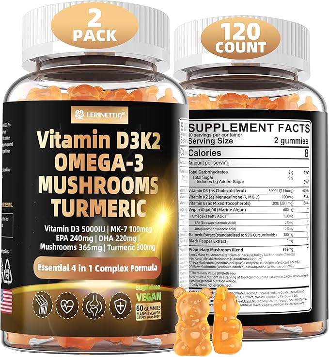 Vitamin D3 5000iu(125mcg) + Vitamin K2(MK7) Gummies with Algae Omega 3 | Maximum Strength Vitamin D3+K2 | for Bone Teeth Energy Immune Calcium Absorption - Vegan Sugar Free120Ct