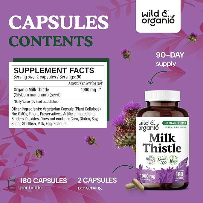 Wild &amp Organic Milk Thistle Capsules 1000mg - Liver Supplement - Silymarin Milk Thistle Seeds Powder for Liver Support - 180 Vegan Capsules - 3-Month Supply - No Fillers Non-GMO