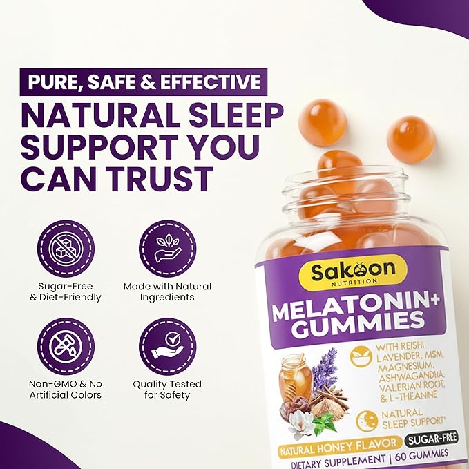 Sakoon nutrition Melatonin Gummies for Women &amp Men | 10mg Melatonin Plus Gummies with Sugar Free Natural Honey Flavor | Reishi Magnesium &amp L-Theanine | Vegan Halal Sleep Support | 60 Count