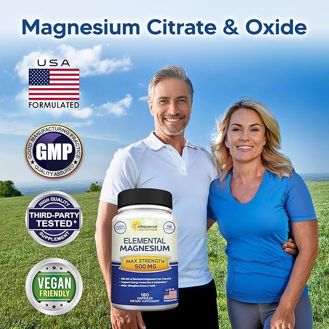 aSquared Nutrition Proprietary Magnesium 500mg – High Absorption Magnesium Citrate &amp Oxide – 180 Veggie Capsules 180 Day Supply – USA Formulated &amp Third-Party Tested
