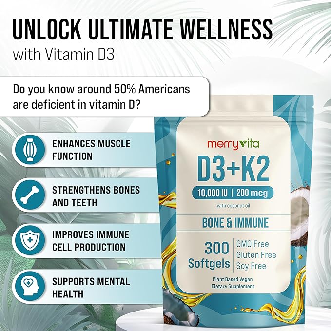 Vitamin D3 K2 300 Softgels – 10000 IU &amp 200 MCG K2 MK7 – Plant-Based Vegan Non-GMO Gluten-Free – Coconut Oil – Immune Bone &amp Muscle Support – D3 con K2 vitamina Supplement