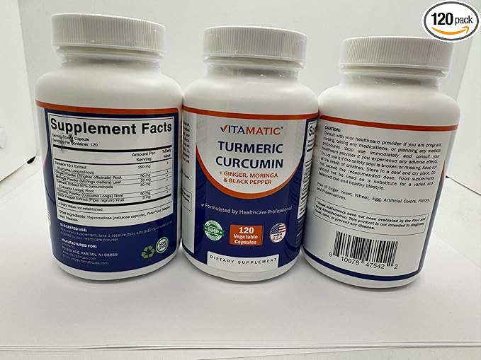 Vitamatic 810078475422 Turmeric Curcumin Supplement – Plant-Based Botanical Extract with Black Pepper Ginger &amp Moringa – Vegetarian Non-GMO Gluten-Free – 120 Capsules - 3 Pack (360 Capsules)