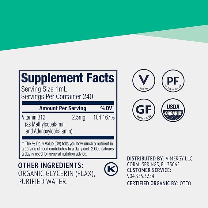 Vimergy Liquid B12 Refill – Fast-Absorbing Brain Support – Energy Support Supplement – USDA Certified Organic Vegan Non-GMO – 240 Servings (240 mL)