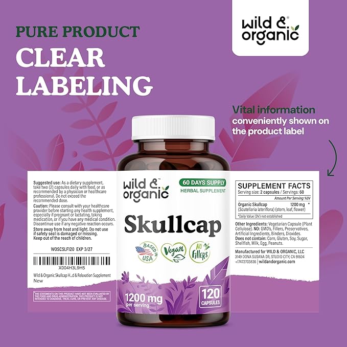 Wild &amp Organic Skullcap Herb Capsules 1200 mg - Calming Skullcap Supplement - 120 Capsules - Scutellaria Lateriflora Leaf Extract - 2-Month Supply - Vegan No Fillers Non-GMO