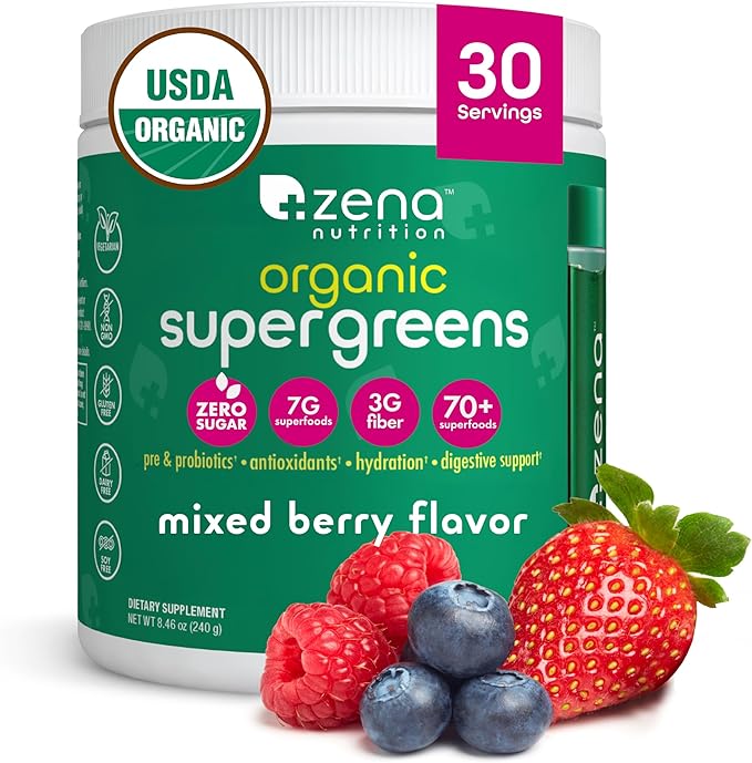 Zena Nutrition Organic Super Greens Powder 70+ Superfoods 0 Sugar 3G Fiber Spirulina Chlorella Antioxidants Prebiotics/Probiotics Digestive Enzymes Mixed Berry 30 Servings