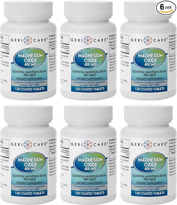 GeriCare Magnesium Oxide Supplement 240 mg - Elemental Magnesium 120 Coated Tablets – Essential Mineral Support - Promotes Vascular Health Bone Strength and Muscle Function (Pack of 6)