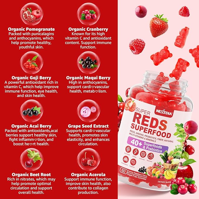 Super Greens &amp Reds Gummies Daily Greens &amp Polyphenol Superfood Superfood Fruits and Veggies Gummies with Super Fruits and Berries Powerful Antioxidants and Polyphenols Supports Energy 12