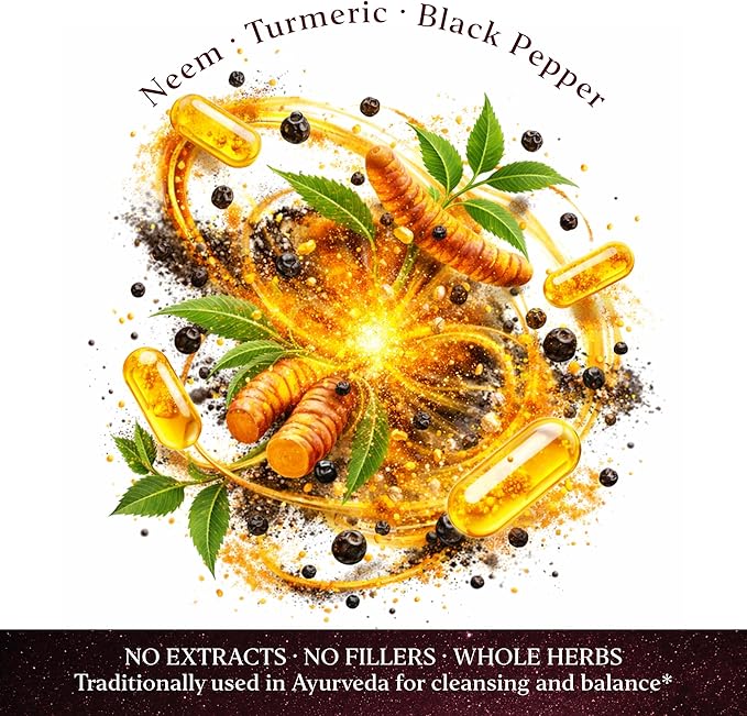 Mystic Cleanser Capsules – 90 Count | Daily Detox &amp Immune Support | 980 mg Whole Herb Blend of Neem Turmeric &amp Black Pepper | Vegan Non-GMO Gluten-Free | Sound-Infused with 528Hz