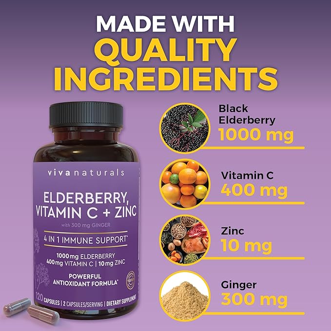 Viva Naturals Elderberry with Vitamin C and Zinc (120 Capsules) - 1000mg Sambucus Elderberry Immune Support Supplement Black Elderberry Capsules for Adults Elderberry Vitamins - 2 Months Supply