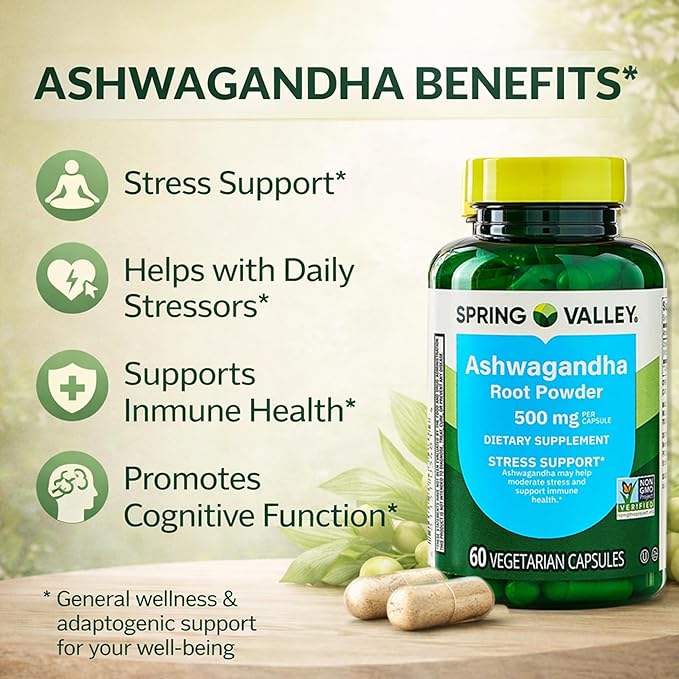 Ashwagandha Root Powder Capsules 500mg from Spring Valley - Natural Stress Relief &amp Energy Support Supplement 60 Count with Luall’s 45 Diabetes Decoded