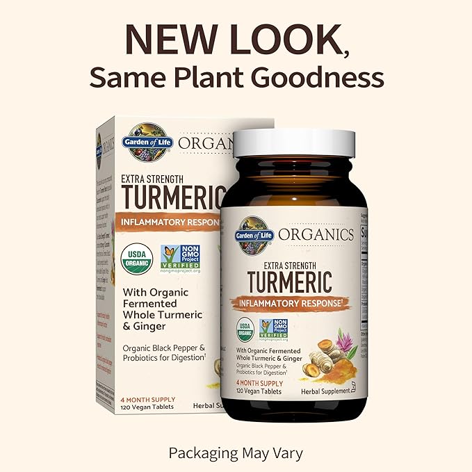 Garden of Life Organics Extra Strength 120 Tablets Turmeric Inflammatory Response with 60 Ashwagandha Stress Mood &amp Energy Support Tablets