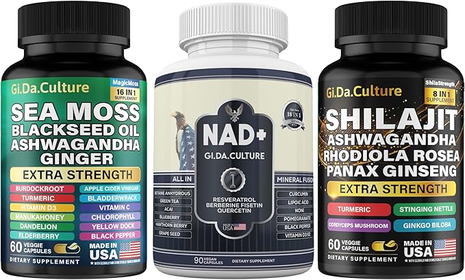 Sea Moss + Shilajit + NAD+ Capsules – Complete Cellular Health Energy Detox Immunity &amp Vitality Stack – 92 Minerals Fulvic Acid Anti-Aging – Vegan Supplement