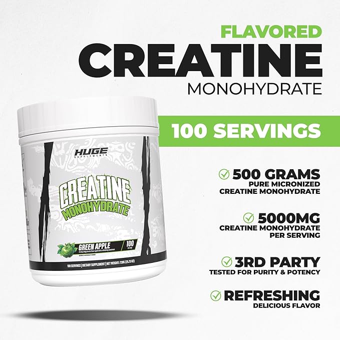 Flavored Creatine Monohydrate Powder - Green Apple Flavor 500 Grams Third Party Tested Micronized for Optimal Absorption 5 Grams Per Scoop Delicious &amp Easy Mixability (100 Servings)
