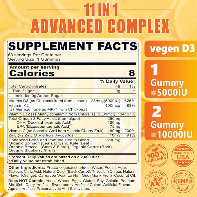 Vitamin D3 K2 Gummies 5000IU / 10000 IU with Omega-3 250mg + K2(MK-7) 100mcg - 5X Absorption Than Standard D3K2with Vitamin C Zincand 5 Organic VegetablesSupports Bone &amp Teeth Strength Immun