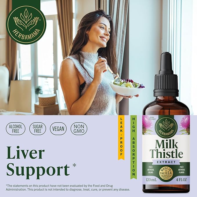 HERBAMAMA Milk Thistle Supplement - Vegan Liver Support with Milk Thistle Extract Tincture - Non-GMO Alcohol &amp Sugar-Free Liquid Silymarin Liver Detox Drops 56-Day Supply