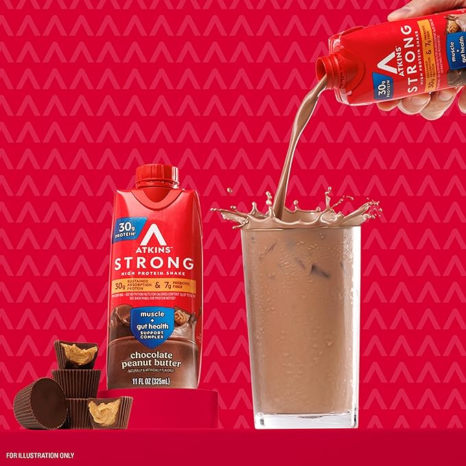 Atkins Strong High Protein Shake Chocolate Peanut Butter Flavor 30g Protein Low Carb and Low Sugar Shake Keto Friendly Gluten Free Muscle and Gut Health Support Complex (Pack of 24)