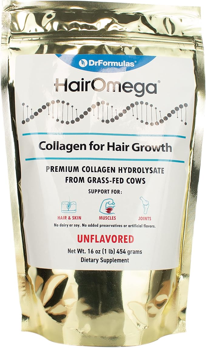 DrFormulas HairOmega Collagen for Hair Growth Protein Powder Peptides from Bovine Collagen Hydrolysate - Unflavored/Tasteless 16oz