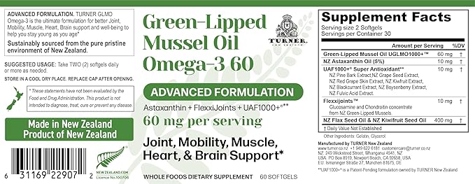 TURNER Omega-3 New Zealand Green Lipped Mussel Oil 53x Higher Potency with UAF1000+ Super Antioxidant for Superior Joint Comfort &amp Mobility No Fishy Aftertaste 1 Bottle 60 Softgels