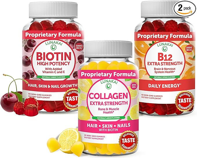 Lunakai Collagen Biotin and Vitamin B12 Bundle - Anti Aging Supplements for Men &amp Women with VIT C for Hair Skin and Nails Growth Methylcobalamin 3000mcg Organic Gummy - Non-GMO Vegan Supplemen
