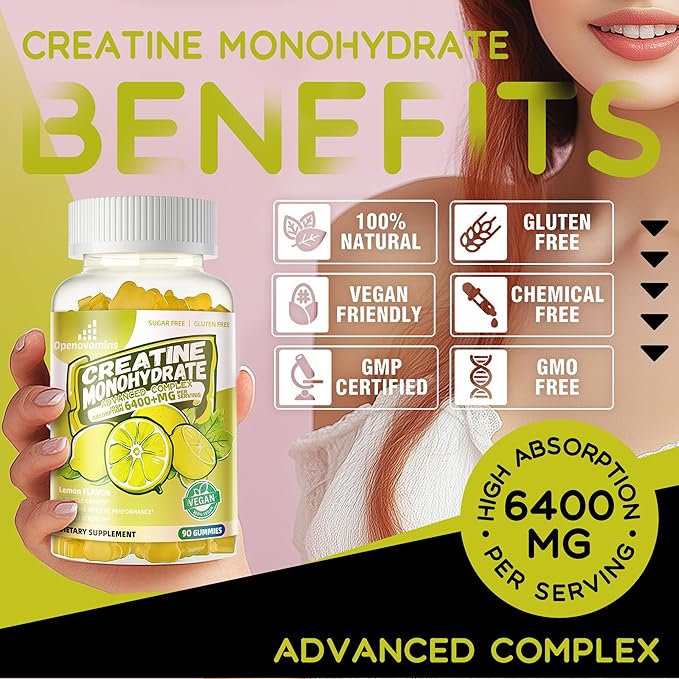 Creatine Monohydrate Gummies Complex for Men &amp Women -Advanced Formula W/L-Taurine + Vitamin B12 Sugar Free Chewable Supplement90 Lemon Gummies
