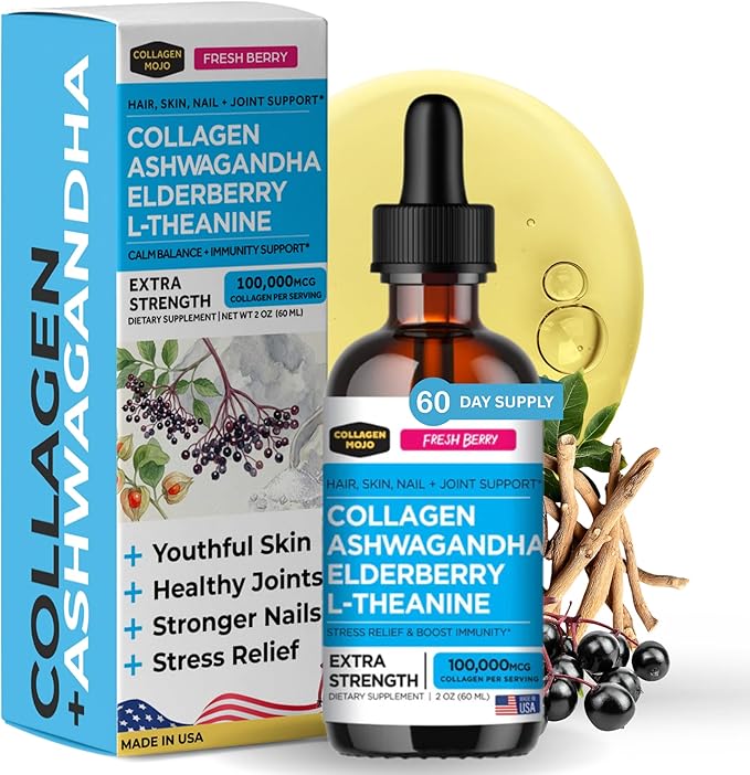 Collagen Mojo - Liquid Collagen for Women &amp Men Collagen Peptides with Ashwagandha Elderberry &amp L-Theanine - Hair Skin Nails Joint &amp Stress Support High Absorption - 100000mcg 2 Oz