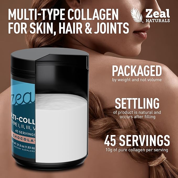 Zeal Naturals Multi Collagen Protein Peptides Powder Types I II III V X - Vitamin C Biotin &amp Hyaluronic Acid - Hair Skin &amp Nails - Marine Bovine Chicken &amp Eggshell - Chocolate 45 Serv