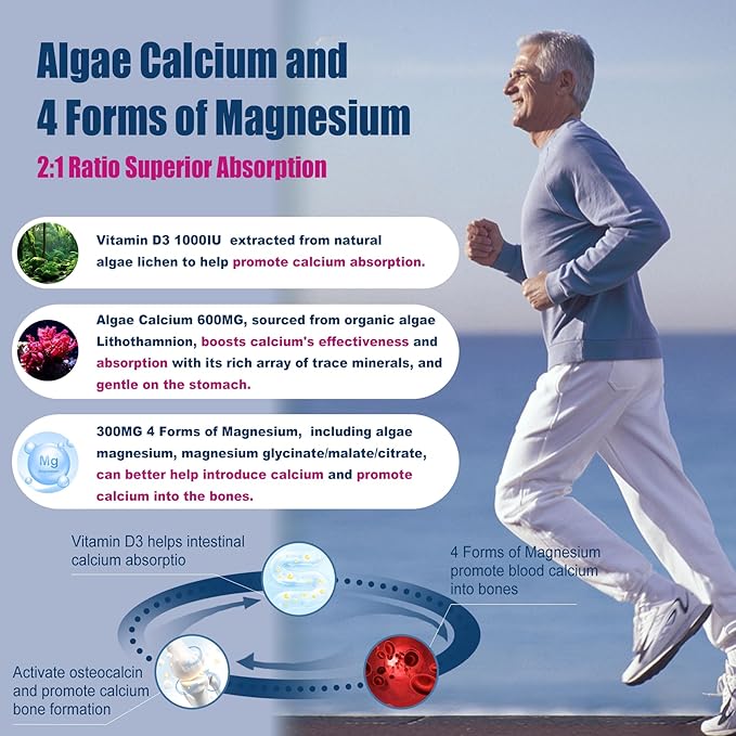 Sugar Free Calcium Supplement 600mg Algae Calcium Magnesium 2:1 Ratio + Sugar-Free CoQ10-250mg Filled Gummies High Absorption Coenzyme Q10