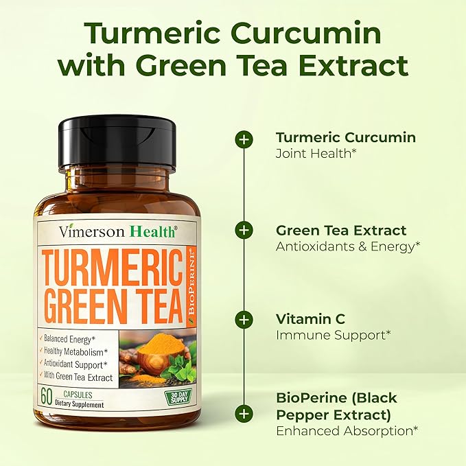 Turmeric Curcumin Supplement with Green Tea Extract (ECGC) &amp Vitamin C for Joint Health Energy &amp Inflammation Balance - Organic Tumeric Curcumin with Black Pepper - Gluten-Free Non-GMO. 2-Pa