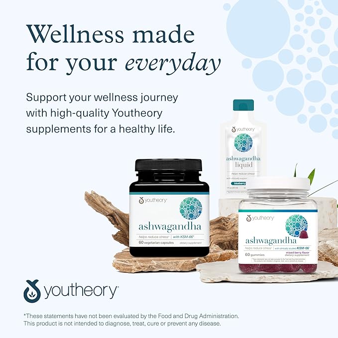 Youtheory Ashwagandha - Vegetarian Energy &amp Stress Support Supplement with Organic KSM-66 &amp Ginger Extract - Cane Sugar-Mixed Berry 60 Gummies (20 Day Supply)