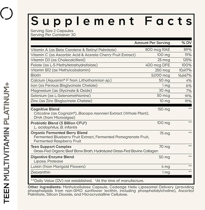 Codeage Teen Multivitamin+ Platinum Supplement - Vitamins A C D3 E B6 B12 Minerals Probiotics Citicoline Collagen Bone Broth Folate Biotin Lutein Zeaxanthin - Non-GMO - 60 Capsules