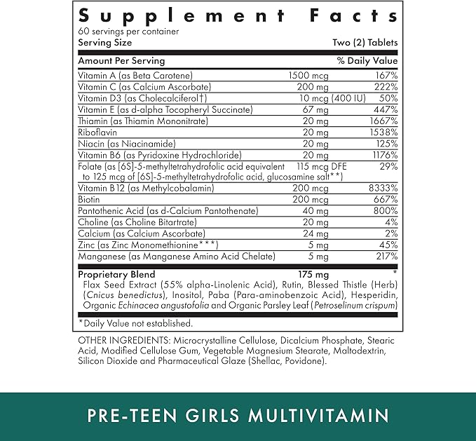 Michael's Health Naturopathic Programs Pre-Teen Girls - 120 Vegetarian Tablets - Daily Multivitamin for Healthy Growth &amp Development - Kosher - 60 Servings