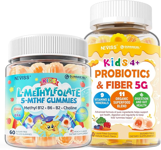 Kids Probiotic + Prebiotic Fiber Gummies 5G 12 Billion CFU Probiotic &amp Veggie Fruit Fiber + Kids L-Methylfolate Gummies Active 5-MTHF + Methyl B12 Vitamin B6 B2 Choline Vegan Omega 3 DHA &am