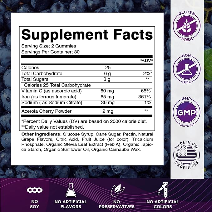 Vitamatic Iron 65 mg Gummies Supplement for Women &amp Men - 60 Vegan Gummies - Great Tasting Iron Gummy Vitamins with Vitamin C (3)
