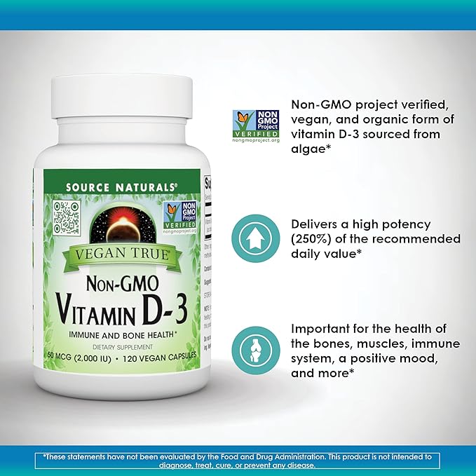 Source Naturals Vegan True Non-GMO Vitamin D-3 Dietary Supplement for Immune and Bone Health* 2000 IU - 90 Capsules