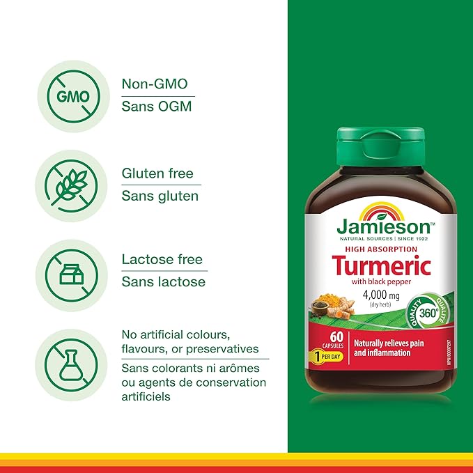 Jamieson High Absorption Curcumin Turmeric with Black Pepper 4000 mg (raw herb) 60 Capsules