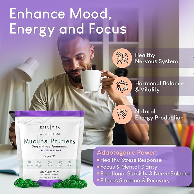 Dopamine Supplement - Sugar-Free Mucuna Pruriens Gummies (2g/serving) Energy &amp Focus Gummies - Potent Mucuna Pruriens Extract Supplement for Calm Mood and Motivation Vegan Non-GMO Gluten-Free