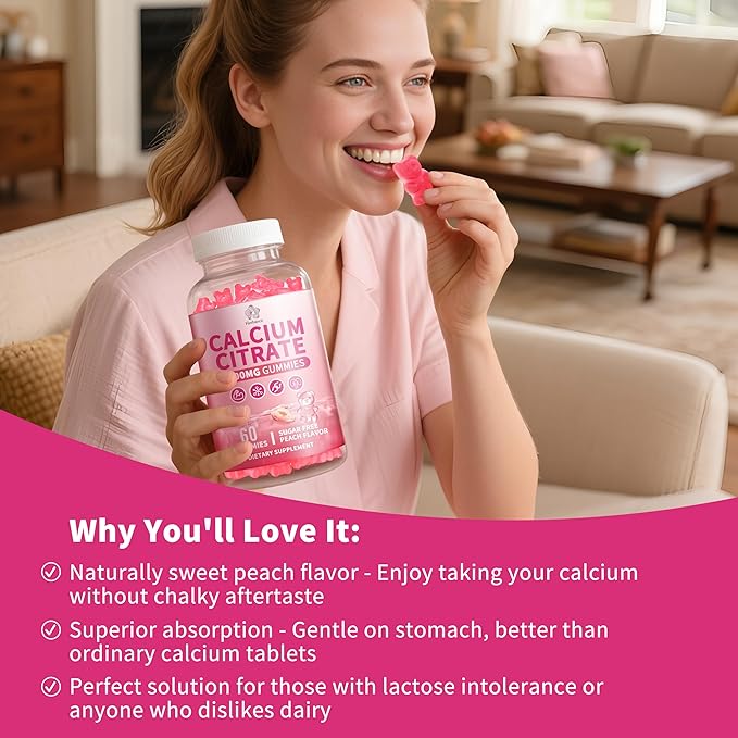 Calcium Citrate Gummies 1200 mg for Adults High Absorption Calcium Supplement for Women &amp Men Sugar Free Non-GMO Gluten Free Supports Muscle &amp Immune - Natural Peach Flavor