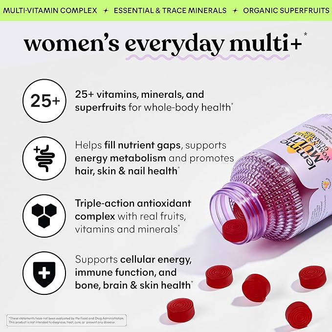 Lemme Women's Multivitamin Gummies Daily Nutritional Support with Vitamins A C D E Biotin Folic Acid Zinc &amp Inositol Bone Brain Skin &amp Immune Health Raspberry Orange 30-Day Supply