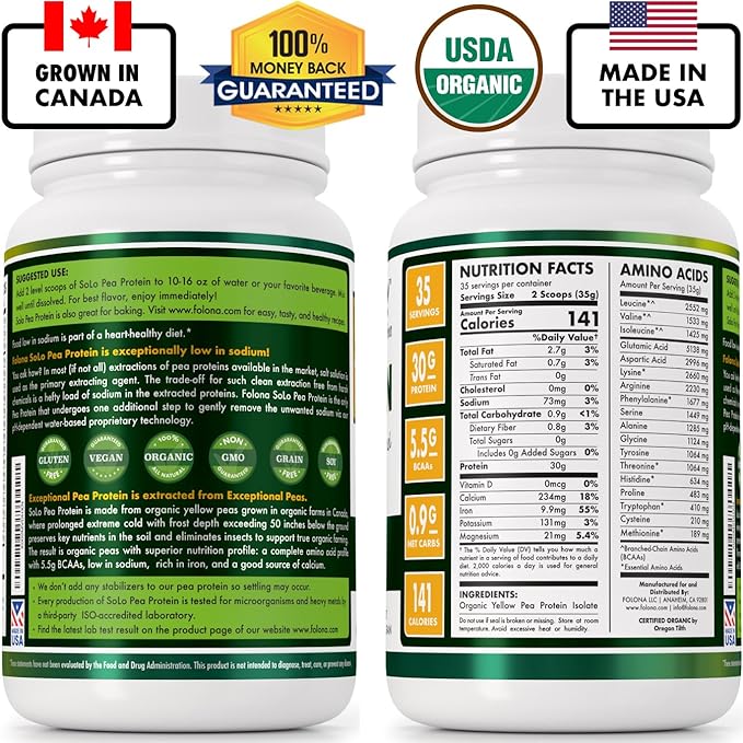 SOLO Organic Pea Protein Isolate Low in Sodium Canada Grown Peas 100% Vegan Non-GMO Unflavored Plant Based Protein Powder with BCAA Keto &amp Paleo Friendly Easy to Digest No Additives (2.7 l