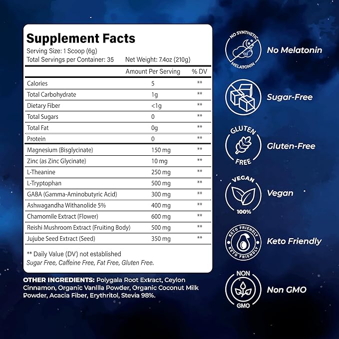 Magnesium Glycinate Powder Upgraded Formula with Vanilla Coconut Powder GABA L-Theanine Ashwagandha and Chamomile Natural Berry Flavor - Perfect for Evening Wind-Down &amp Cozy Nights