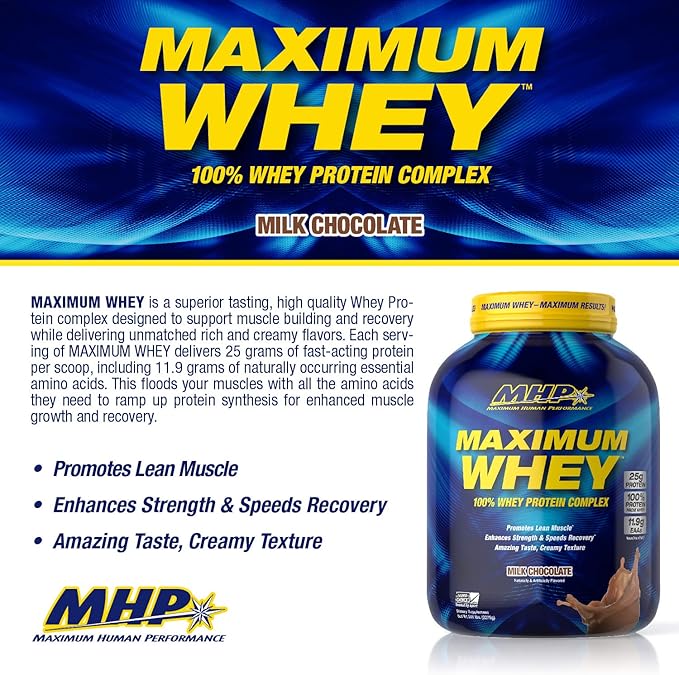 Maximum Human Performance Maximum Whey Protein 25g Fast Acting Delicious Tasting Protein Enhances Strength &amp Speeds Recovery Milk Chocolate 62 Servings 5 Pound