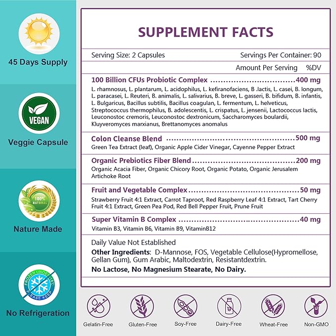 NATURE TARGET Probiotics for Women-Men Digestive Health Mens-Womens Probiotic with Prebiotics 100 Billion CFUs for Gut and Immune Health 2 Veggie Capsules (2 Bottles)
