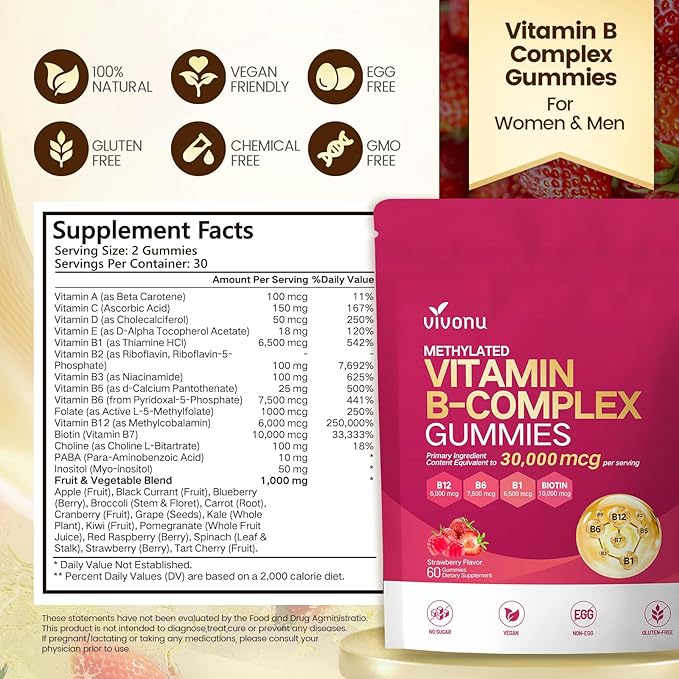 VivoNu Vitamin B Complex Gummies 6000 mcg Methylated Vitamin B12 with B6 B1 B2 B3 B5 B7 Methylfolate Vitamins A C D E Vegan Non GMO Methylated B Complex Vitamin (4 Bag)