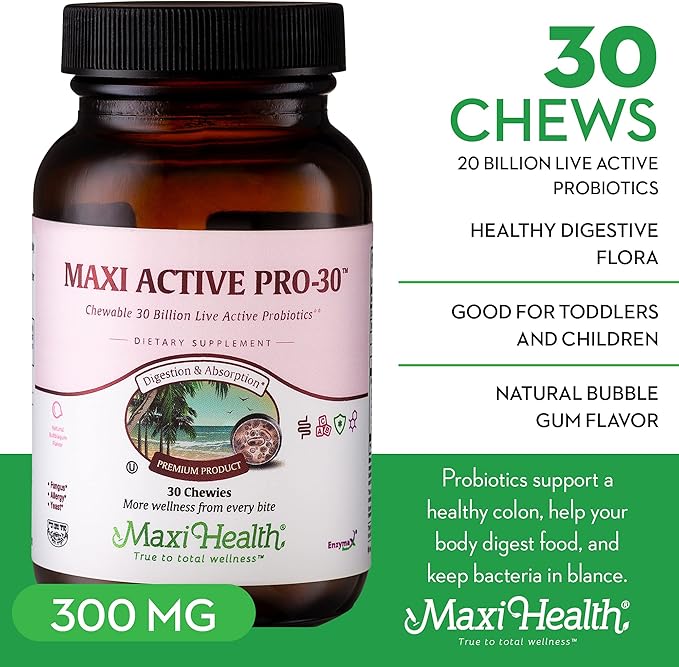 Maxi Health Maxi Active Pro-30 Chewables Probiotics for Kids – 15 Strains for Digestive &amp Immune Support – Kids Probiotic with 30 Billion CFU – Kosher Vegan Bubble Gum Flavor 30 Count