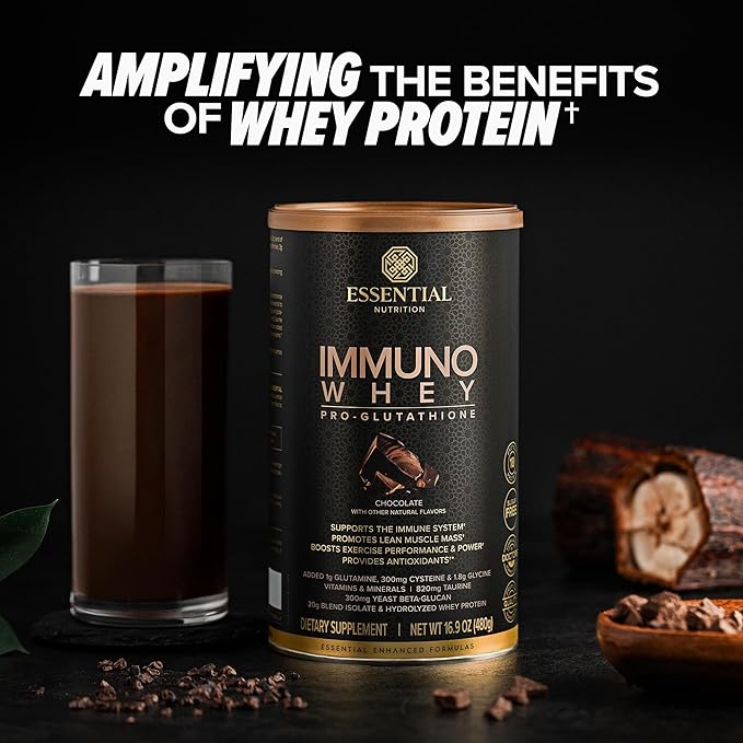 Essential Nutrition Immuno Whey - Isolate &amp Hydrolyzed Whey Protein Powder with Added Amino Acids to Support Glutathione Production - Beta Glucan - Chocolate - 16.9 oz (15 Servings)